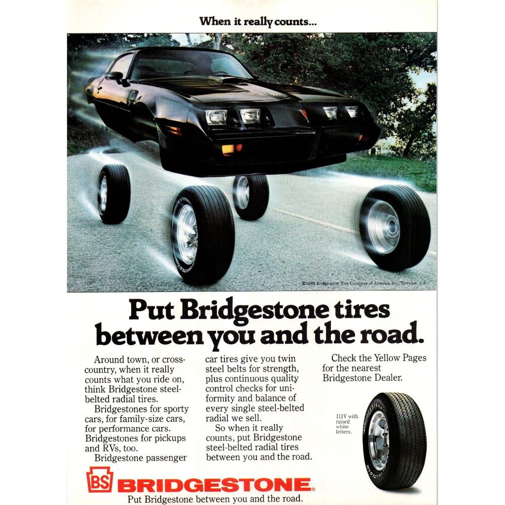 1980 Bridgestone Tires Pontiac Trans Am Vintage Print Ad Smokey Bandit Wall Art